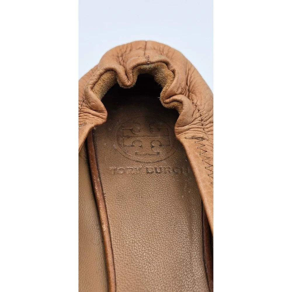Tory Burch Reva Women Flats Sz 7 Tan Tumbled Leather Ballet Logo